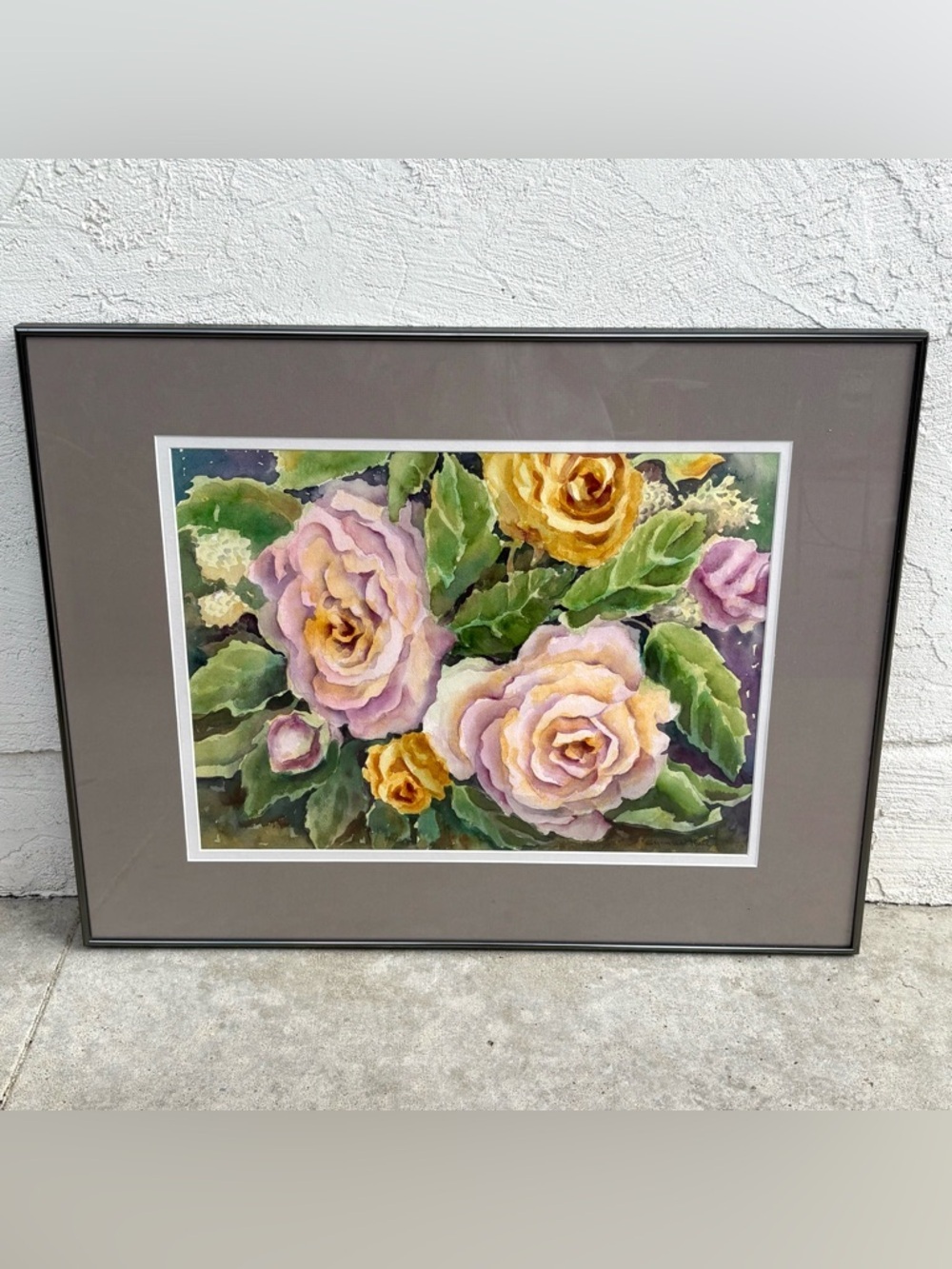 Vintage watercolor original painting flower florals framed large home decor art